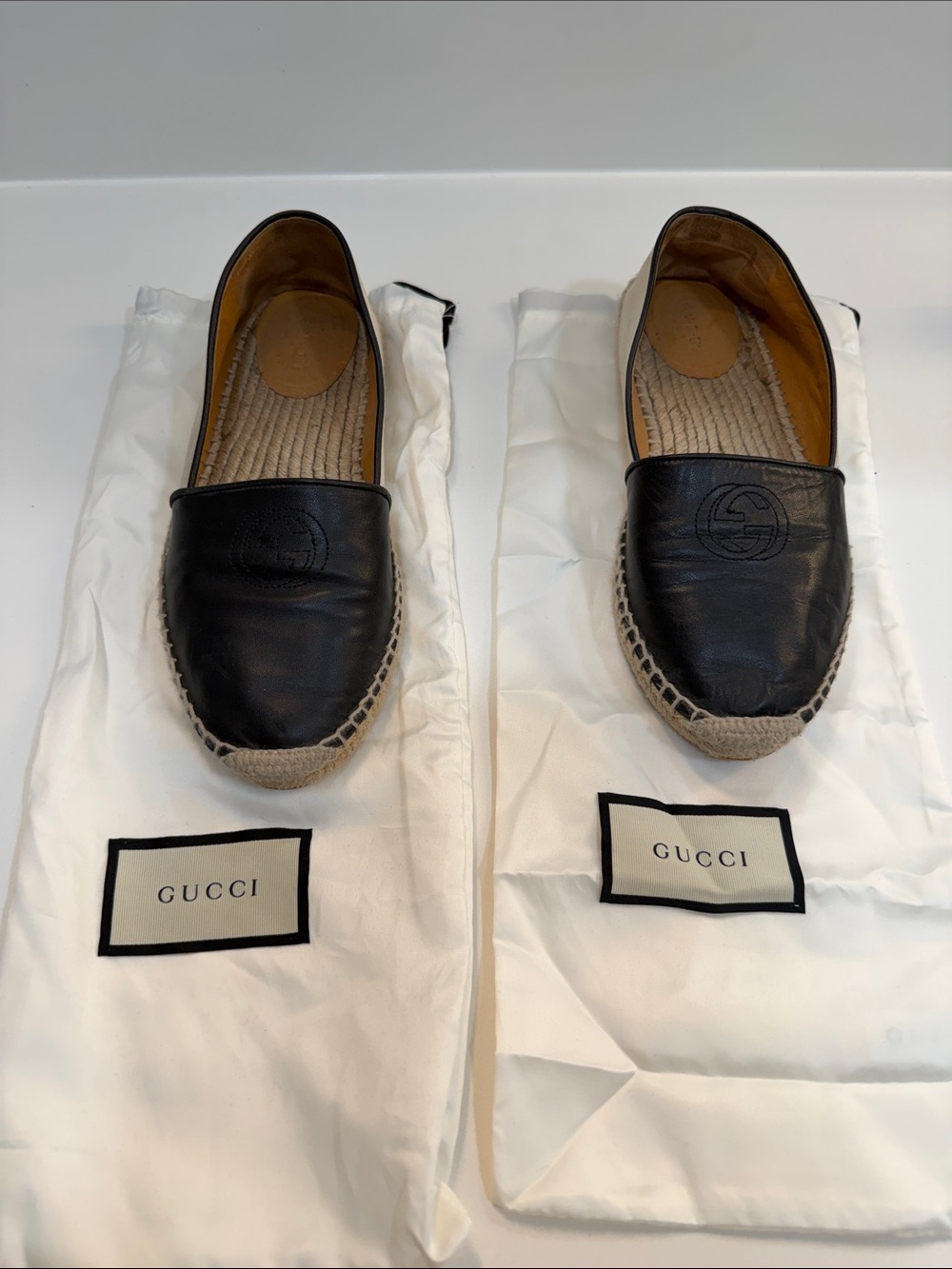 Gucci Black Leather Espadrille Slip-On Loafers